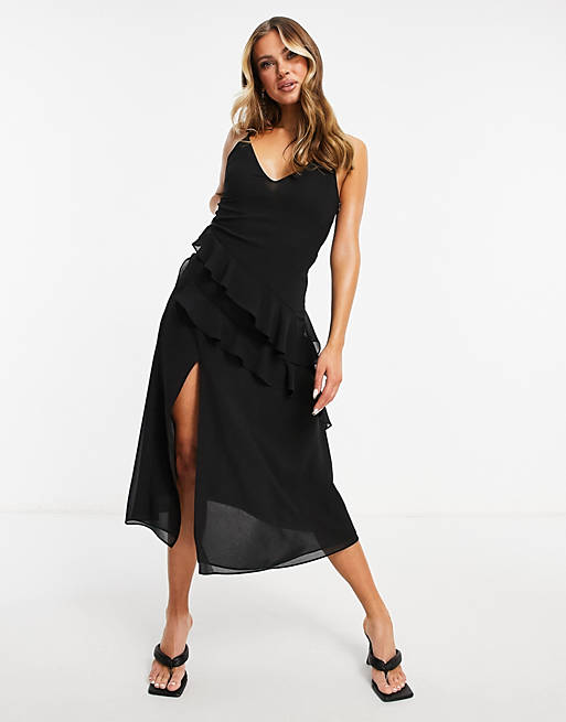 Pretty Lavish midaxi chiffon dress with tiered asymmetric ruffles in black