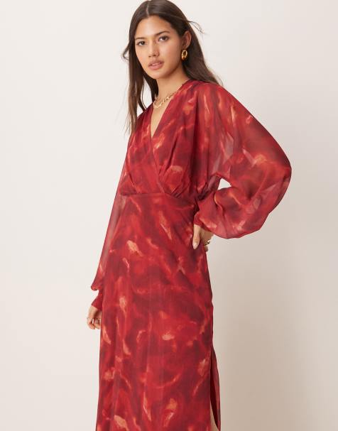 Pretty Lavish - Midaxi jurk met ballonmouwen en print in rood - view 1