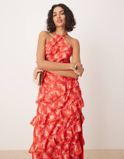 Pretty Lavish - Midaxi-jurk met halternek en ruches in roze abstracte bloemenprint - view 1