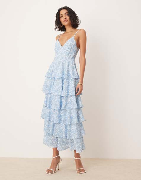Pretty Lavish - Midaxi jurk met ruches in blauwe print - view 1