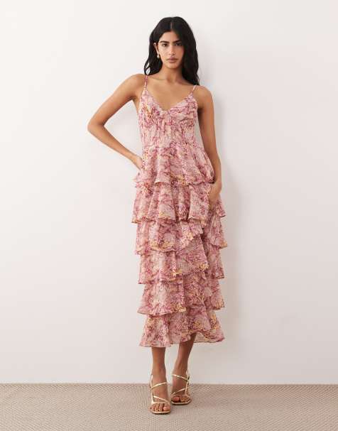 Pretty Lavish - Midaxi jurk met stroken, ruches en bloemenprint in bessenkleur - view 1