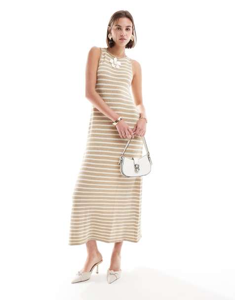 Pretty Lavish – Midaxi-Kleid aus Feinstrick in Beige und Creme gestreift - view 1