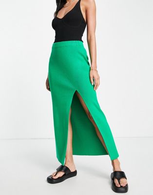 Pretty Lavish midaxi knit skirt co-ord with slit in bright emerald