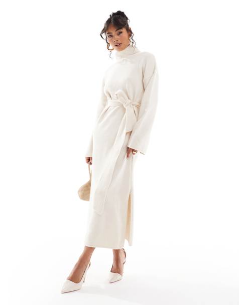 Pretty Lavish – Midaxi-Strickkleid in Creme mit Bindegürtel - view 1