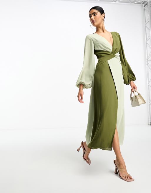 Pretty Lavish - Midi jurk met geknoopte voorkant en contrasterende kleurvlakken in olijfgroen en saliegroen