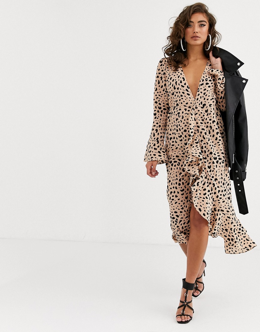 Pretty Lavish - Midi-jurk met overslag en luipaardprint-Kiezelkleurig