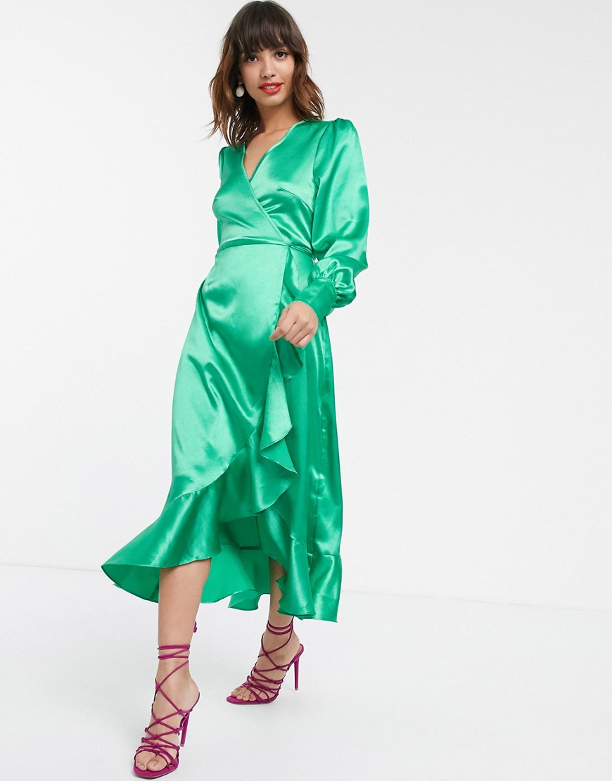 Pretty Lavish - Midi-jurk met overslag in luxe satijn-Groen