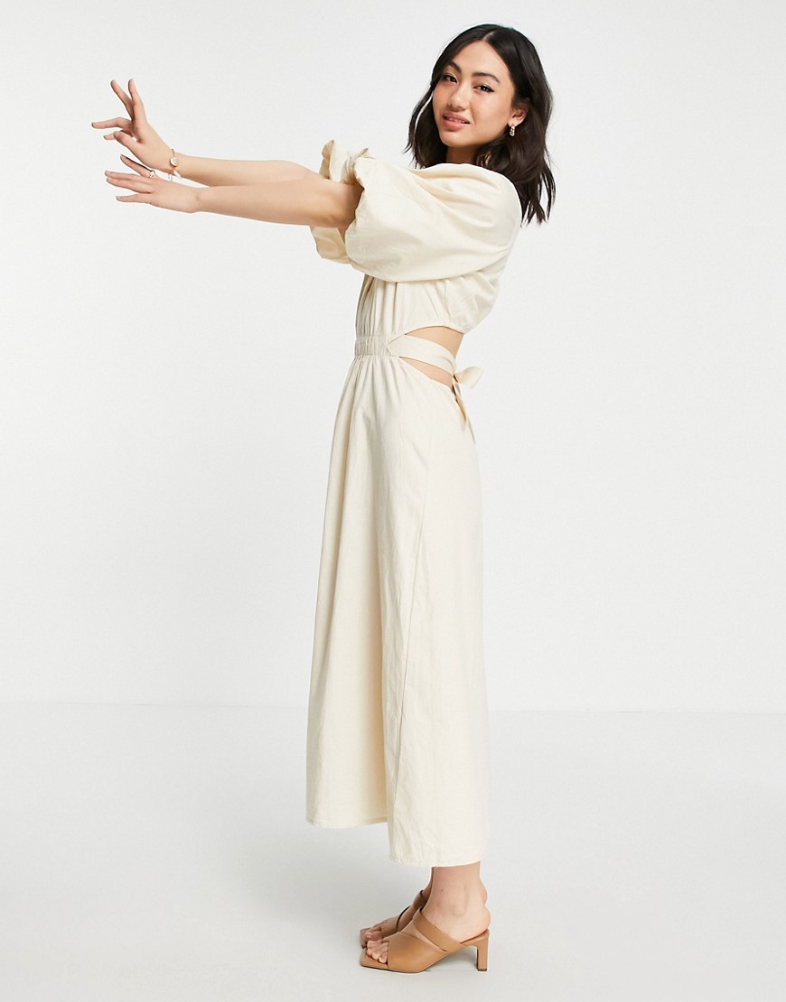 Pretty Lavish - Midi jurk van biologisch katoen met uitsnijding in de taille in beige-Neutraal