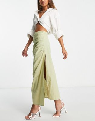 Pretty Lavish midi skirt co-ord with leg split in olive