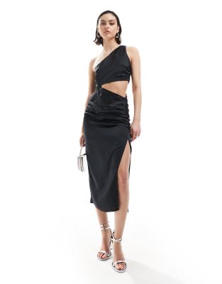 Pretty Lavish - Midikleid in Schwarz mit One-Shoulder-Träger und Zierausschnitt