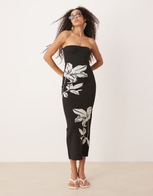pretty lavish milena bandeau flower midaxi knit dress in black and cream