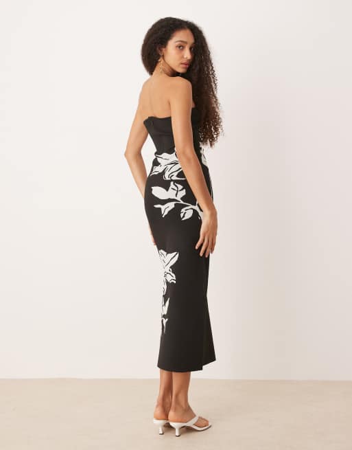 Pretty Lavish Milena bandeau flower midaxi knit dress in black and