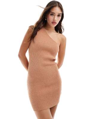 Pretty Lavish - Mini-Strickkleid in Rost mit One-Shoulder-Ärmel-Brown