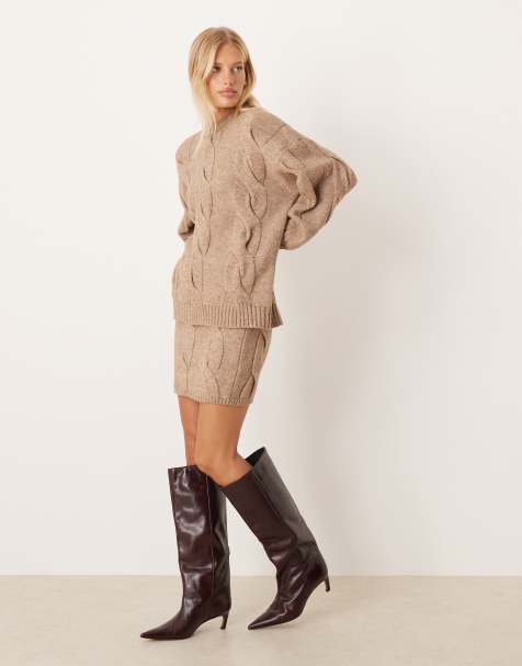 Pretty Lavish - Minigonna color tortora in maglia lavorata a trecce in coordinato - view 1
