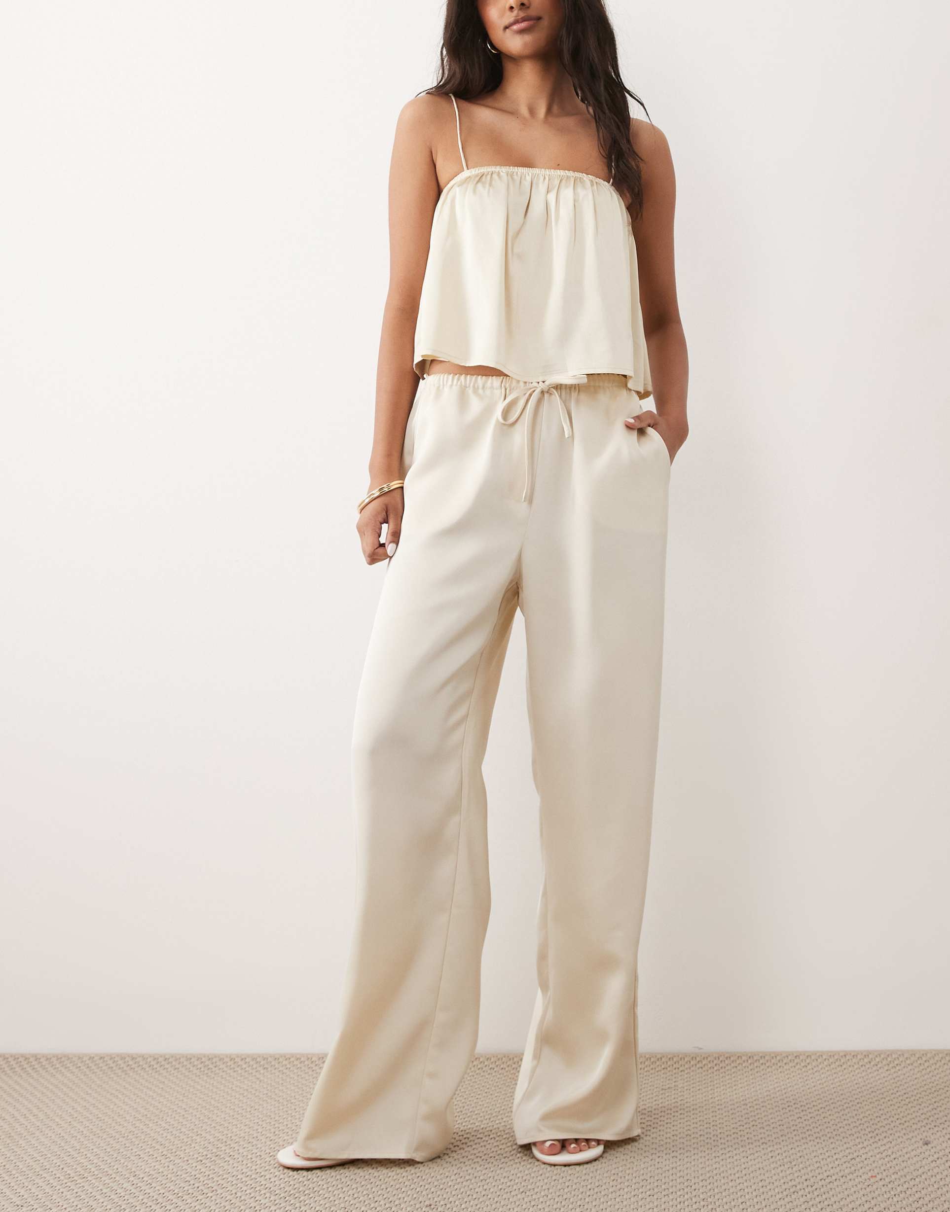 pretty lavish mix and match satin wide leg pants in oyster - part of a set
