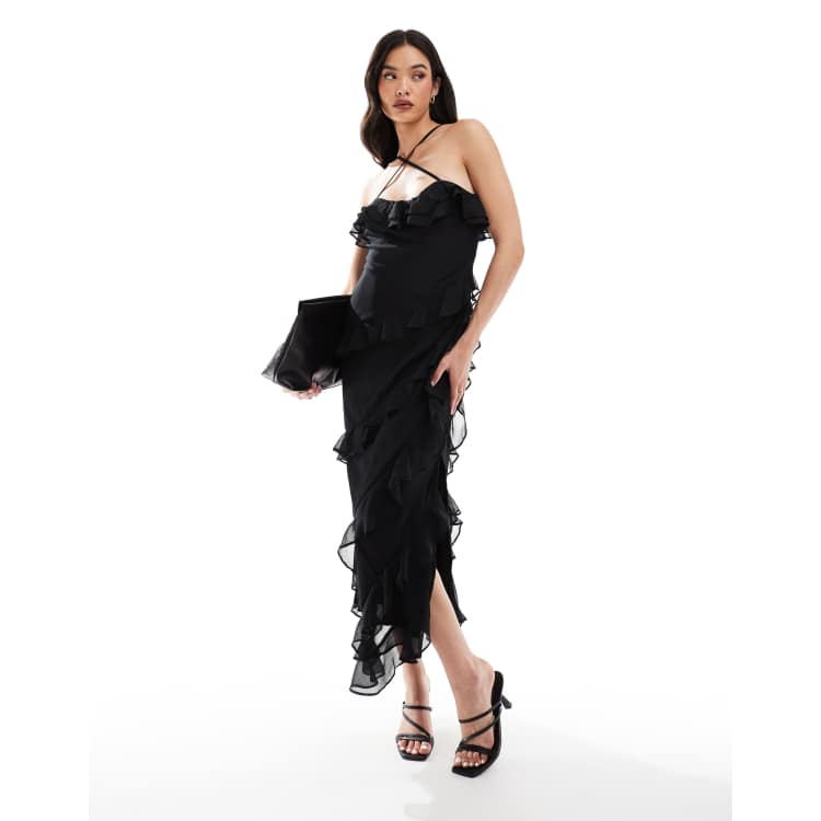Cra wallonieShops Pretty Lavish multiway cross over ruffle midaxi dress am0am06873 in black jean skinny 10 ans