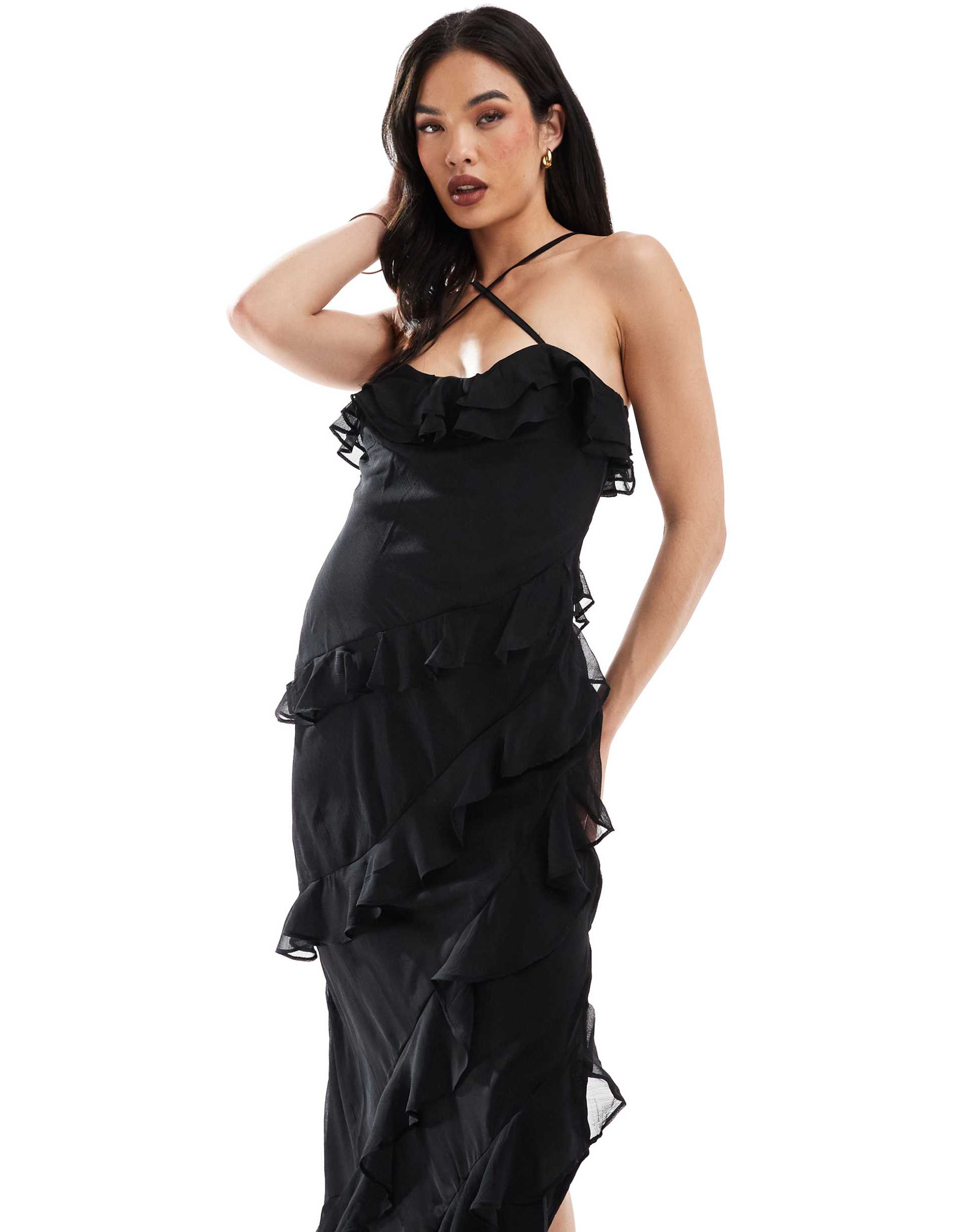 pretty lavish multiway cross over ruffle midaxi dress in black