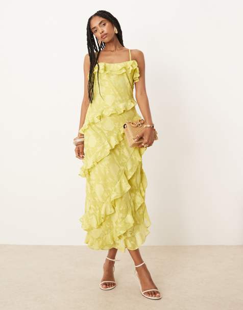 Pretty Lavish cross front ruffle midaxi dress in chartreuse