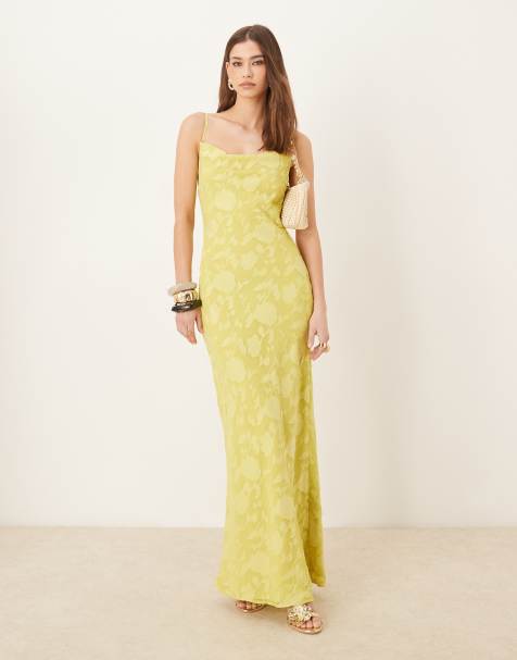 Pretty Lavish cowl neck jacquard slip maxi dress in chartreuse