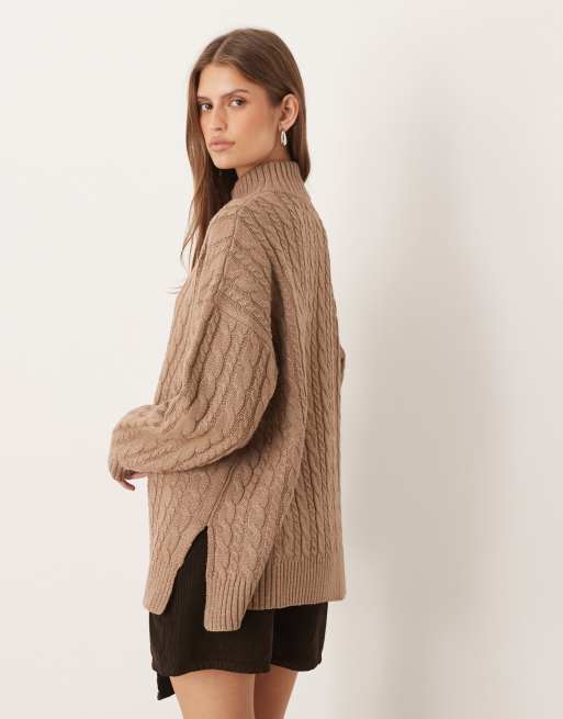 Pretty Lavish - Neutral kabelstrikket trøje med halv lynlås, 4 af 4