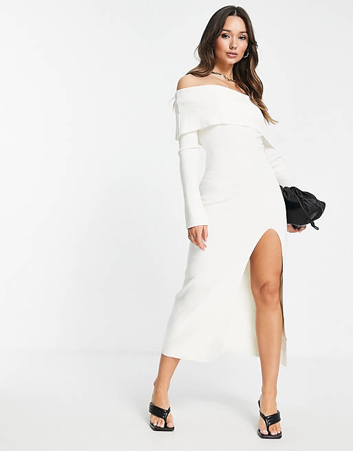 Pretty Lavish off shoulder asymmetric knit dress with split in cream | ASOS