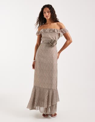 Pretty Lavish off-the-shoulder ruffle maxi dress with corsage scarf in brown str