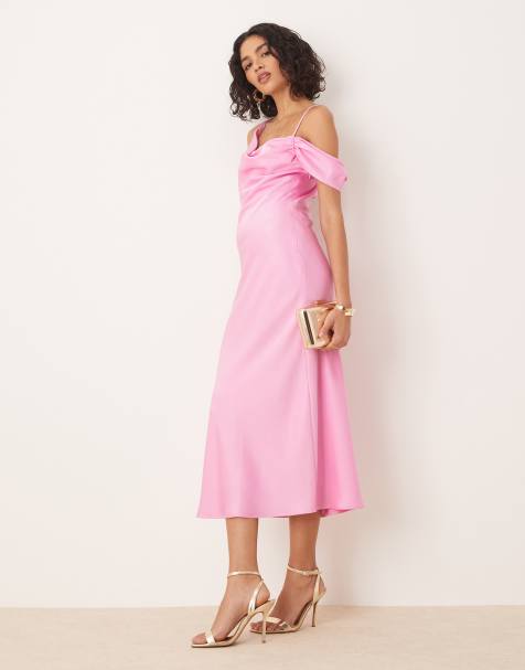 Pretty Lavish off the shoulder satin midaxi slip dress in pink - view 1