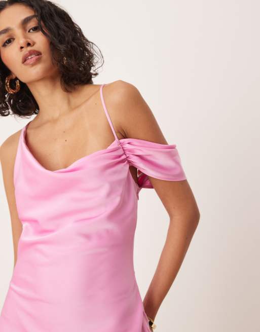 pretty lavish pink satin dress Pretty Lavish Off Shoulder Satin Midaxi Slip Dress in Pink