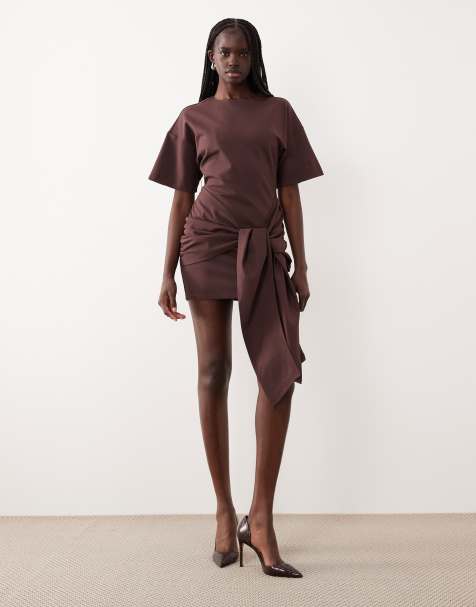 Pretty Lavish Olivia jersey dropped shoulder tie drape detail mini dress in brown - view 1