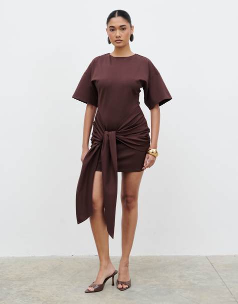 Pretty Lavish Olivia jersey dropped shoulder tie drape detail mini dress in brown