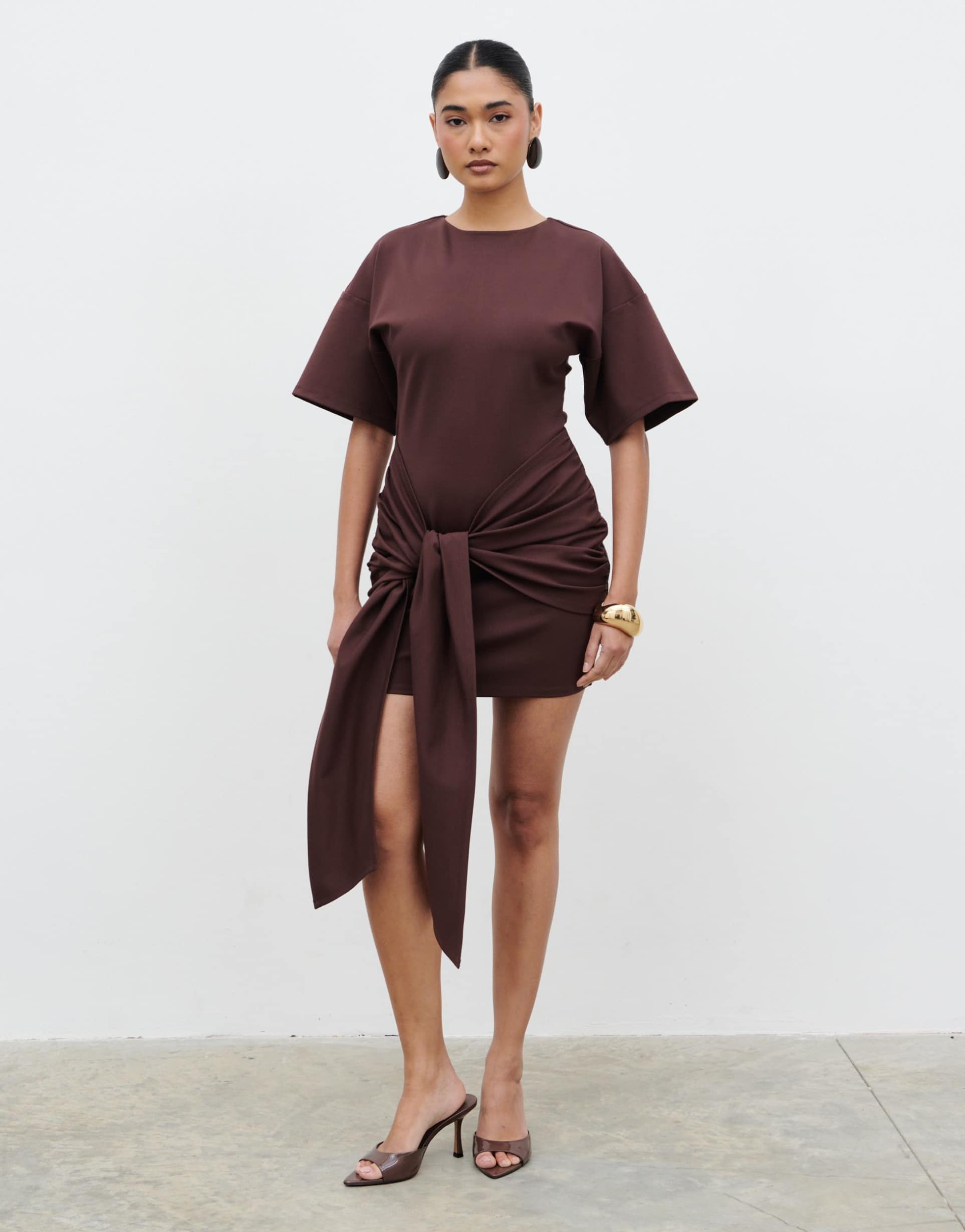 pretty lavish olivia jersey dropped shoulders tie drape detail mini dress in brown