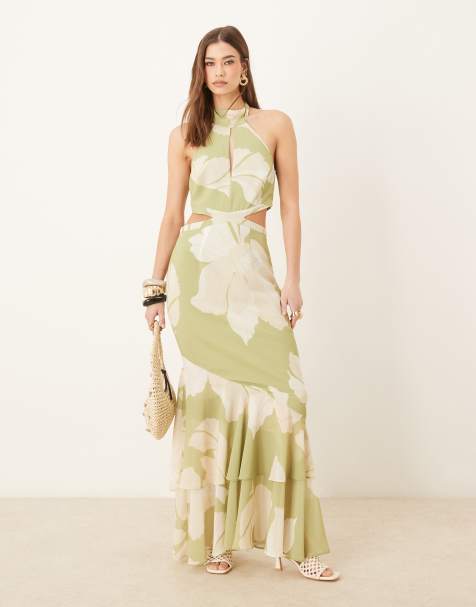 Pretty Lavish cut-out frill maxi dress in oversized olive floral