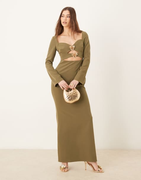 Pretty Lavish – Oliwkowa sukienka maxi z krepy z odpinanymi elementami w złotym kolorze - view 1
