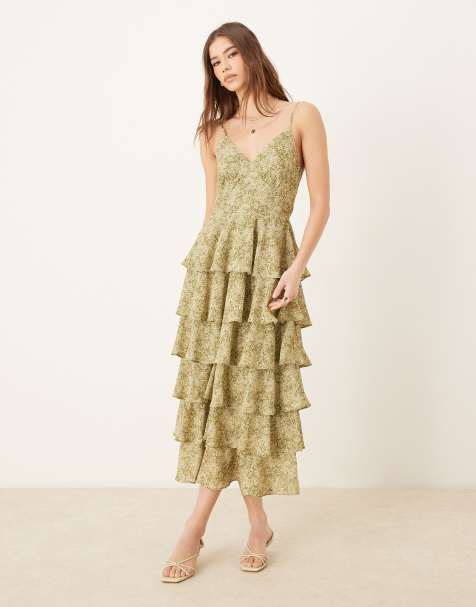 Pretty Lavish tie back ruffle midaxi dress in olive floral