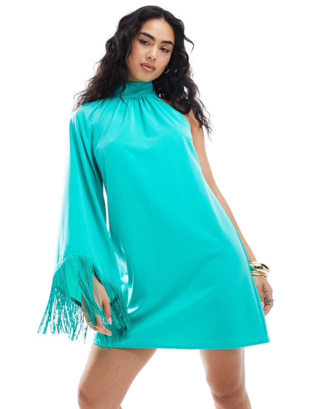 Pretty Lavish - one shoulder fringe mini dress in green