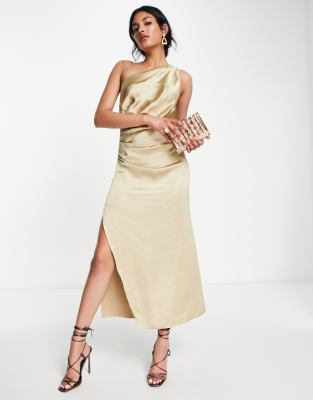 Pretty Lavish one shoulder ruched satin split midaxi dress in cool gold