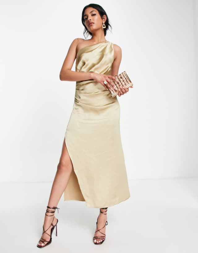 Pretty Lavish one shoulder ruched satin split midaxi dress in cool gold