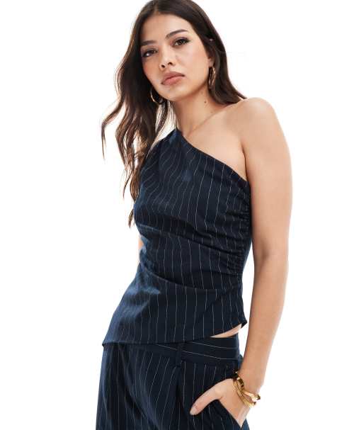 Pretty Lavish one shoulder ruched top in navy pinstripe (part of a set) - view 1