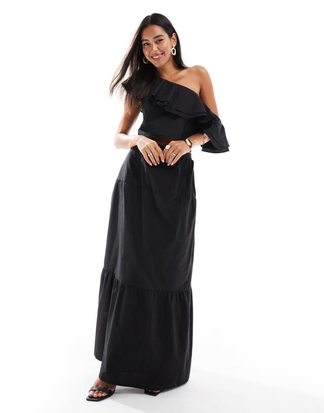 Pretty Lavish - one shoulder ruffle crop top and skirt co-ord in black