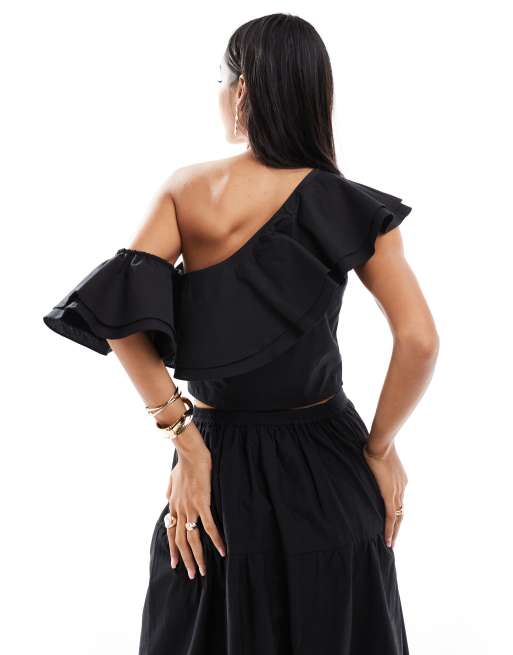 One shoulder ruffle top black on sale