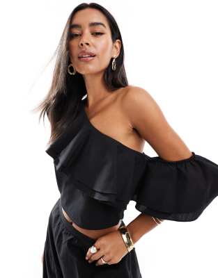 Pretty Lavish One Shoulder Ruffle Crop Top In Black - Part Of A Set