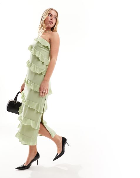 Pretty Lavish one shoulder ruffle midaxi dress in sage green - view 1