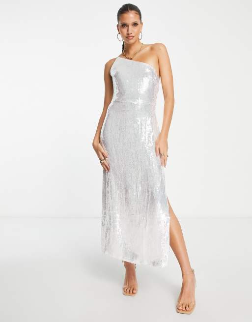 ASOS DESIGN sequin halter maxi dress with high split in silver