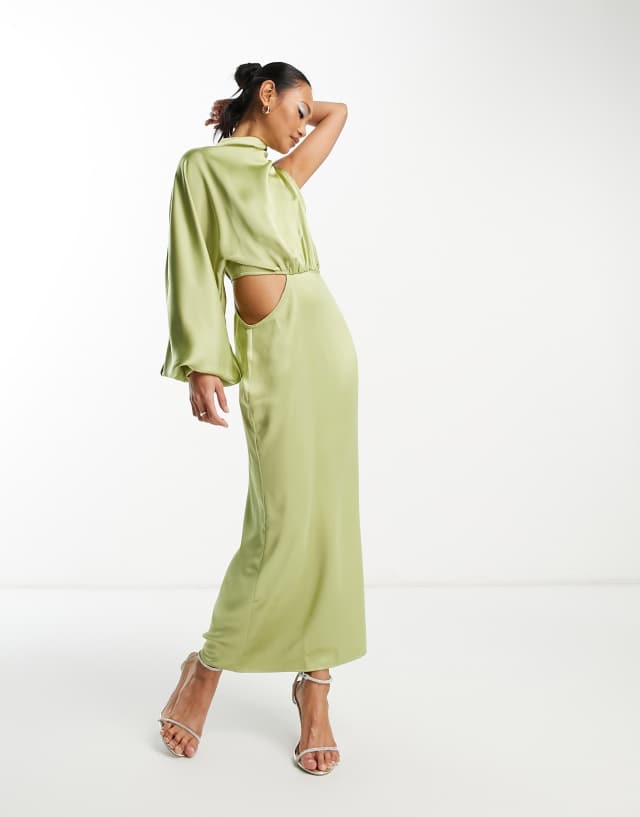 Pretty Lavish one sleeve satin maxi dress in olive