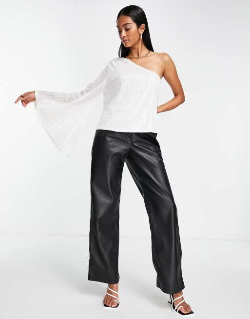 Pretty Lavish one sleeve top co-ord in all over white sequin, 4 of 4