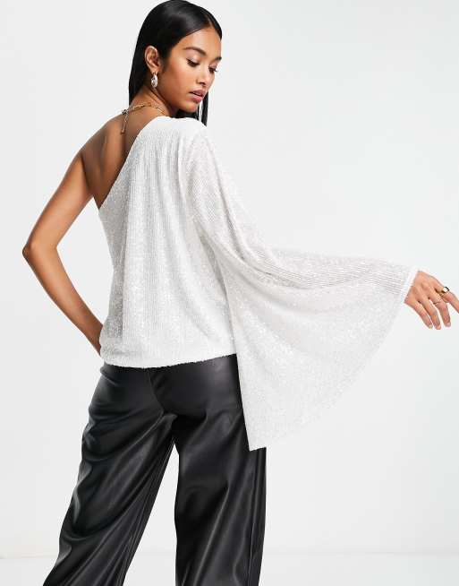Pretty Lavish one sleeve top in all-over white sequin - part of a set, 2 of 4