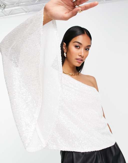 Pretty Lavish one sleeve top in all-over white sequin - part of a set, 3 of 4