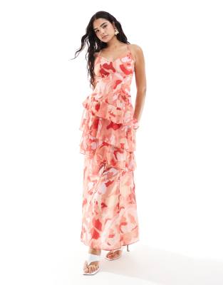 open back ruffle maxi dress in red and pink-Multi