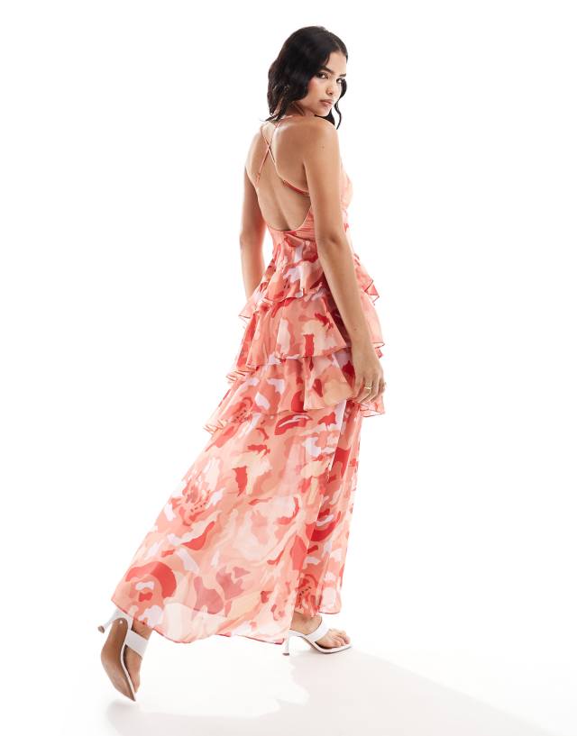 Pretty Lavish - open back ruffle maxi dress in red and pink