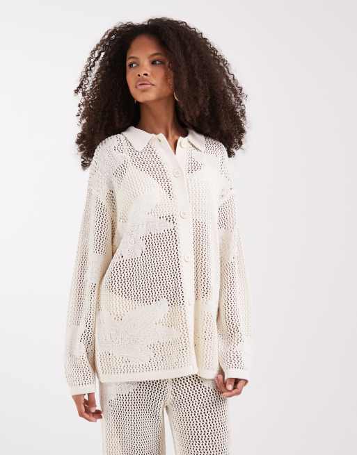 Pretty Lavish open knit floral oversized shirt and pants set in cream, 3 of 3